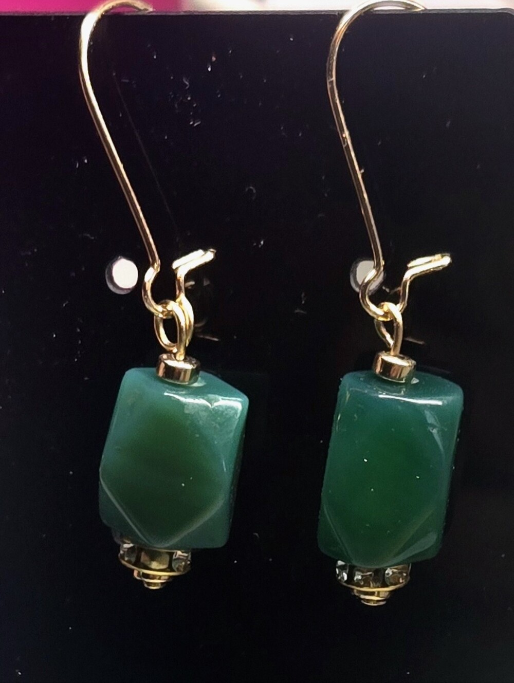 Gold-Tone Green Agate Bead Drop Earrings - Stainless Steel Handmade K9